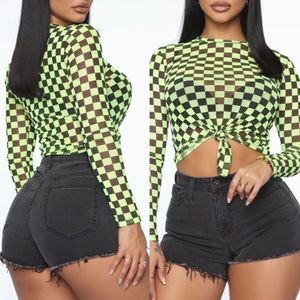 Fashion Nova Mesh Checkered Crop Top